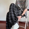 Men's plaid ice silk summer trousers, thin straight leg, grey or black, sizes M to XXL