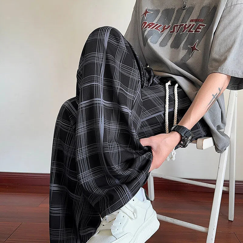 Men's plaid ice silk summer trousers, thin straight leg, grey or black, sizes M to XXL