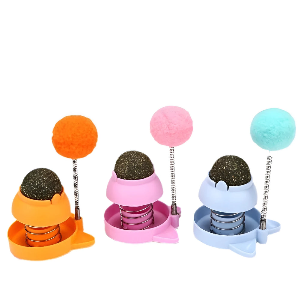 Small mint-flavoured cat ball toy for licking and self-play in blue, orange, or pink