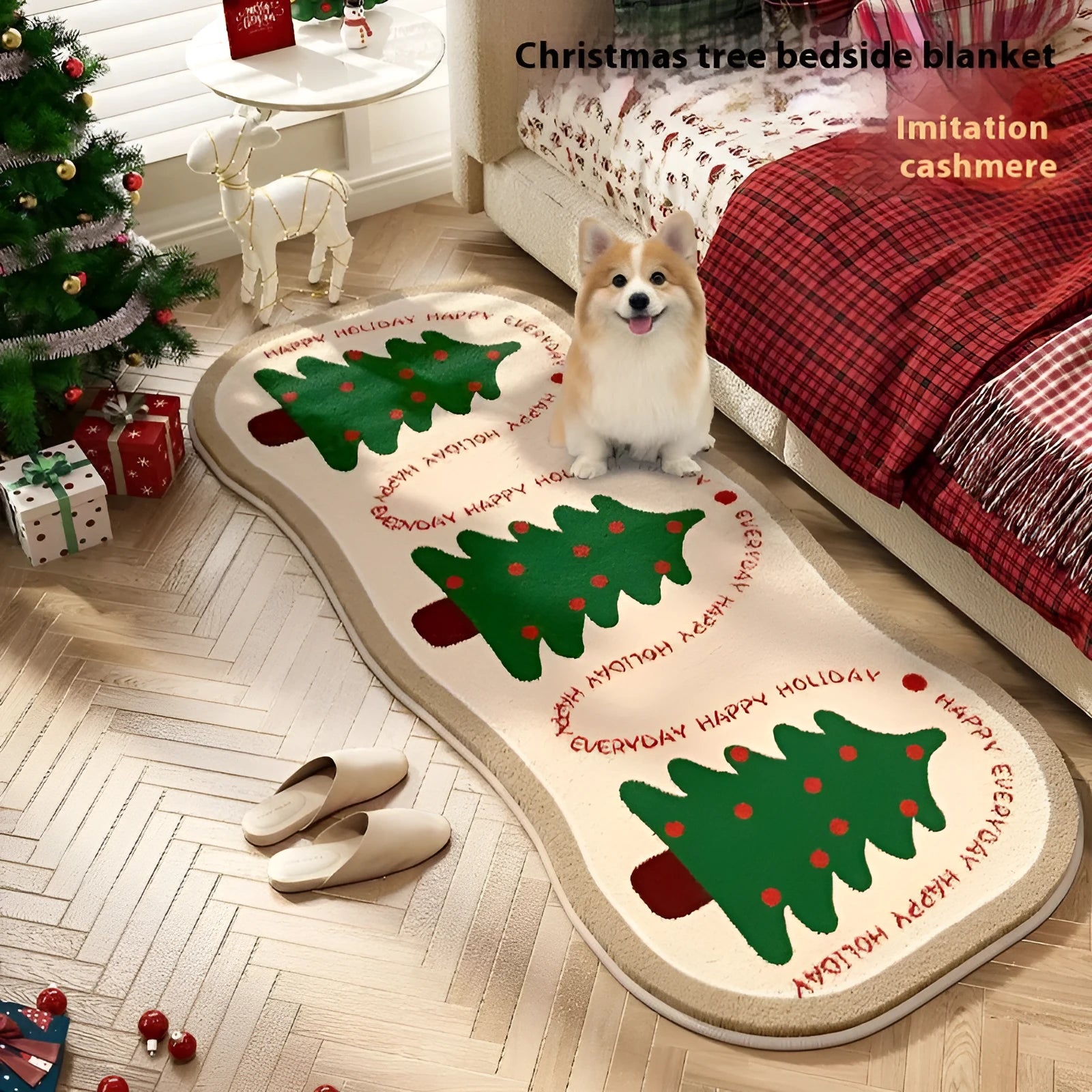 Christmas imitation cashmere rectangular floor rug with festive pattern option.