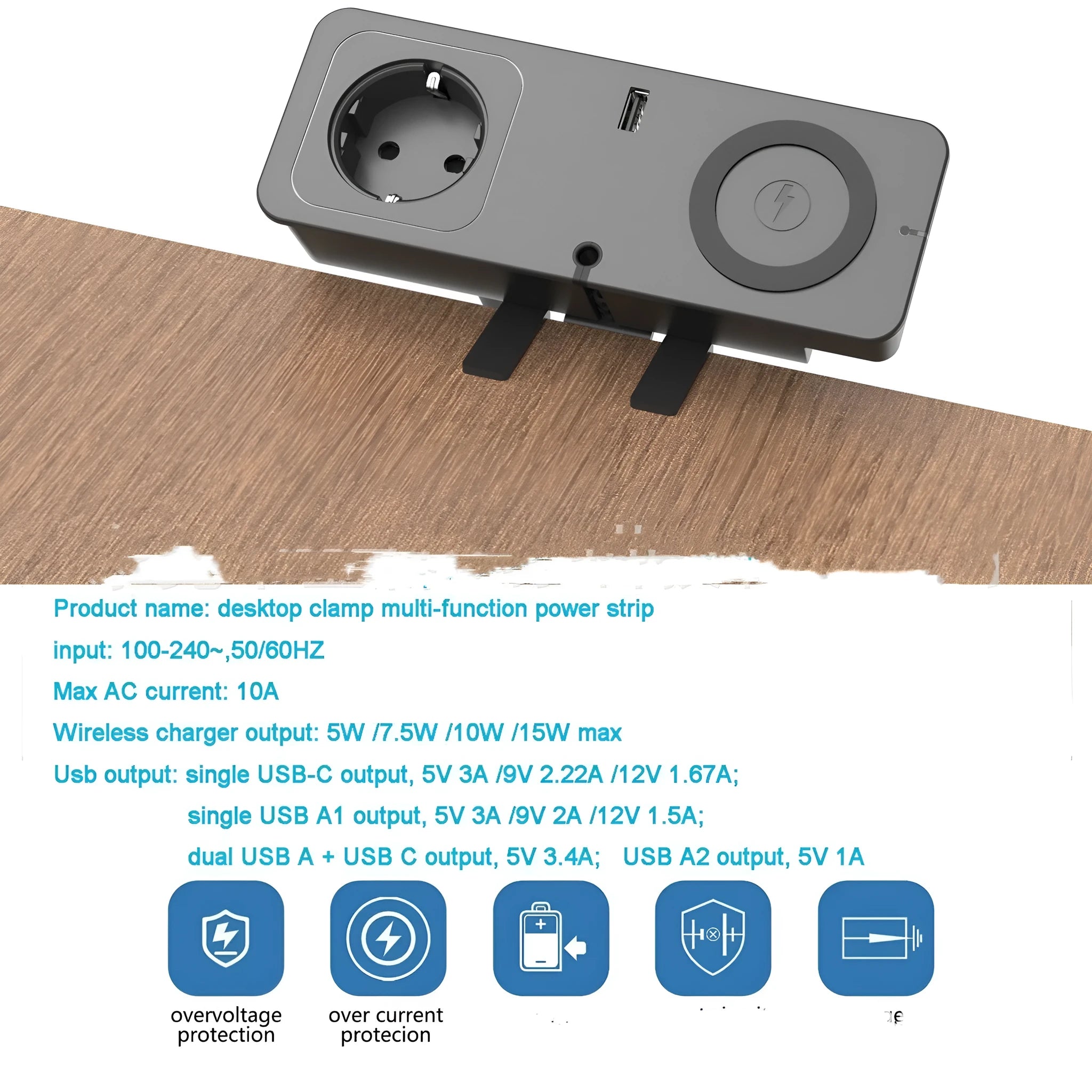 Black European standard quick charge socket with Type-C port for desktop use