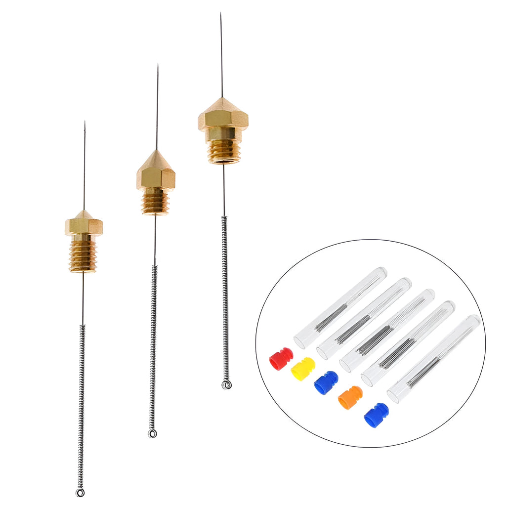 E3D Mk8 3D printer nozzle cleaning needle set with ten pieces in five different diameters from 0.2mm to 0.4mm