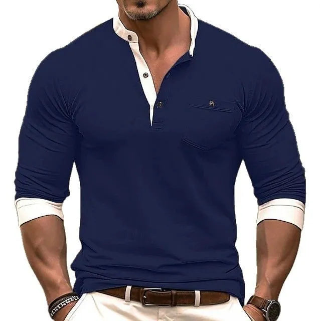 Men's solid colour long sleeve cotton t-shirt on hanger, showing round neck and available in multiple sizes.