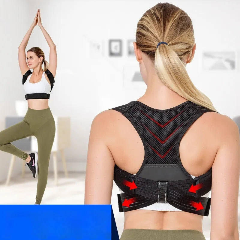 Black adjustable anti-humpback posture correction belt shown on size chart