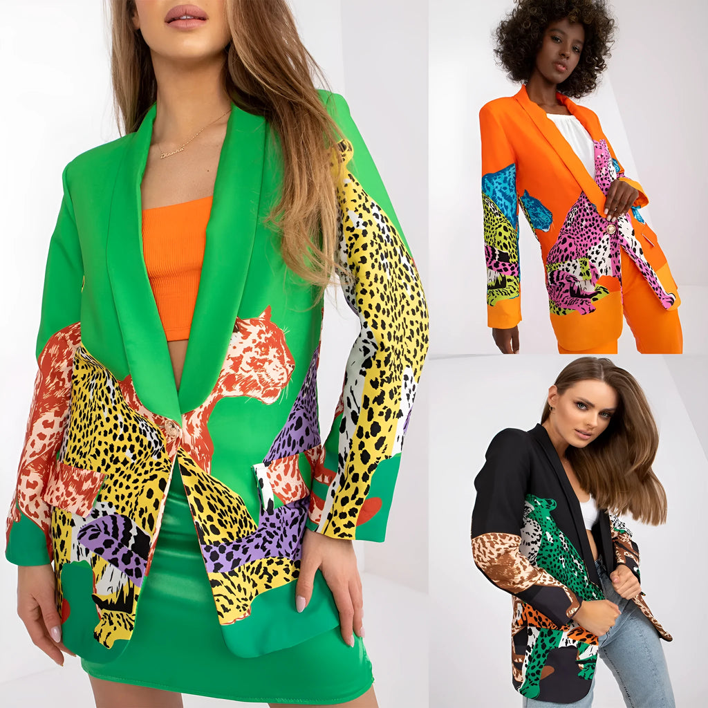 Leopard print contrast colour slim fit long suit jacket for women, 65cm, with pocket, black colour