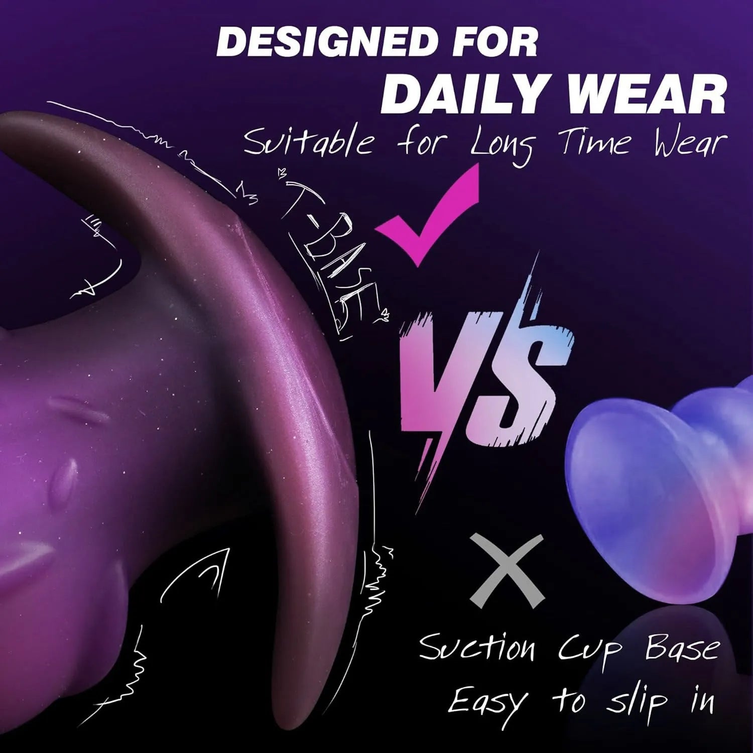 Adult liquid silicone wearable masturbator toy shown in black, gold, and purple colour options.