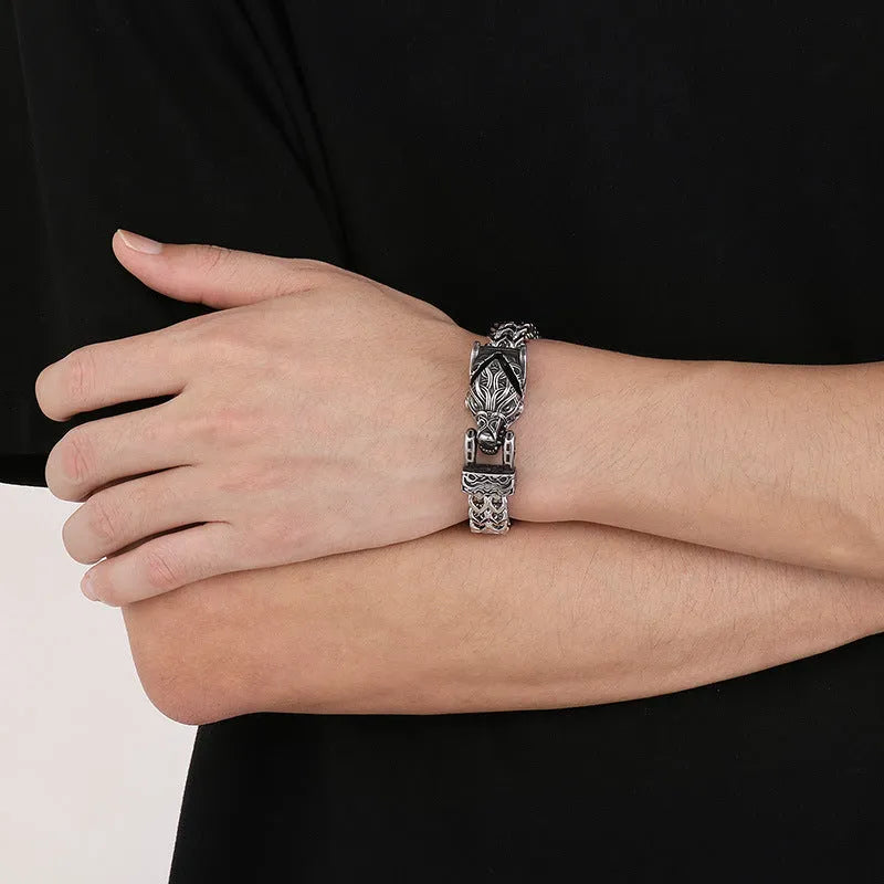 Reversible chain bracelet for men with wolf head and snake head in titanium steel, 20cm 22cm 24cm