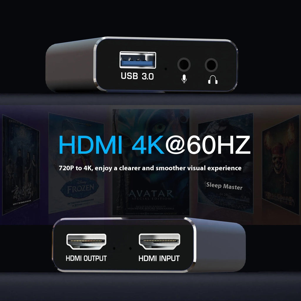 Black 4K gaming audio capture box for recording game sound from multiple platforms