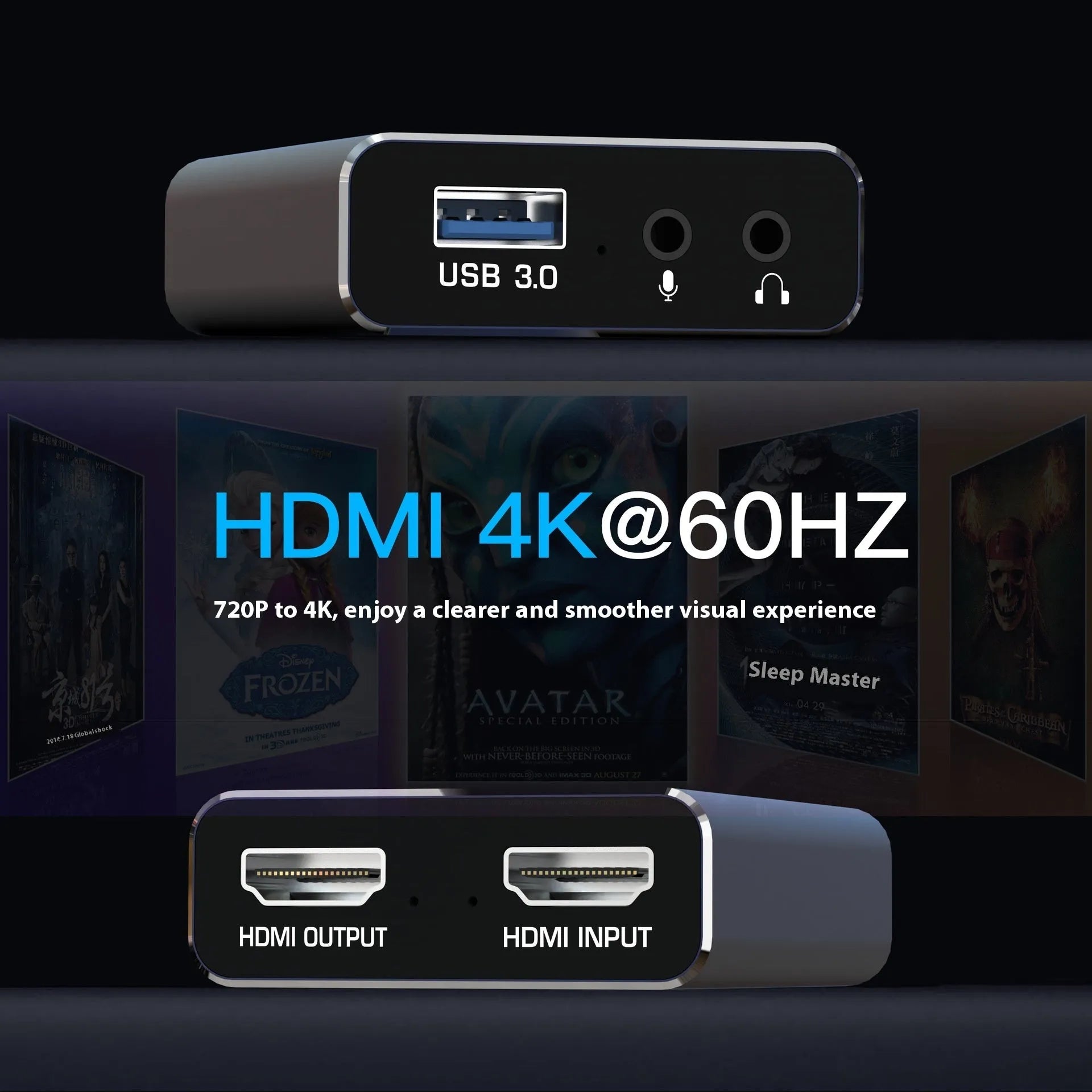 Black 4K gaming audio capture box for recording game sound from multiple platforms