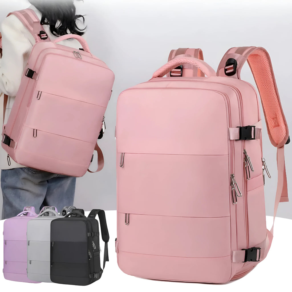 Large purple waterproof travel backpack with laptop compartment and air-cushioned shoulder straps