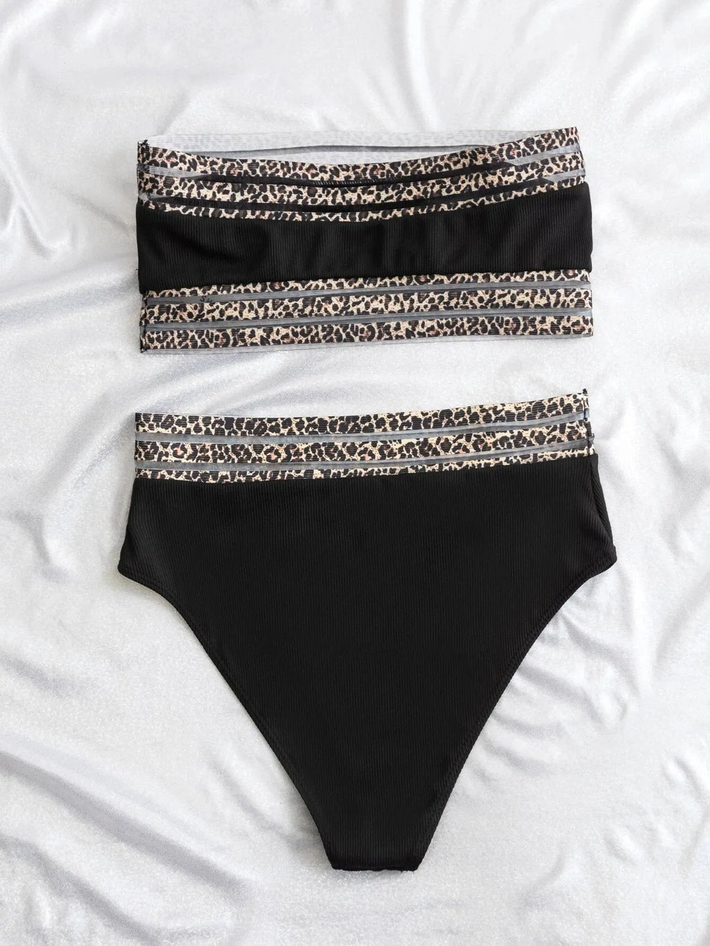Black strapless swimsuit with leopard print splicing design and matching briefs