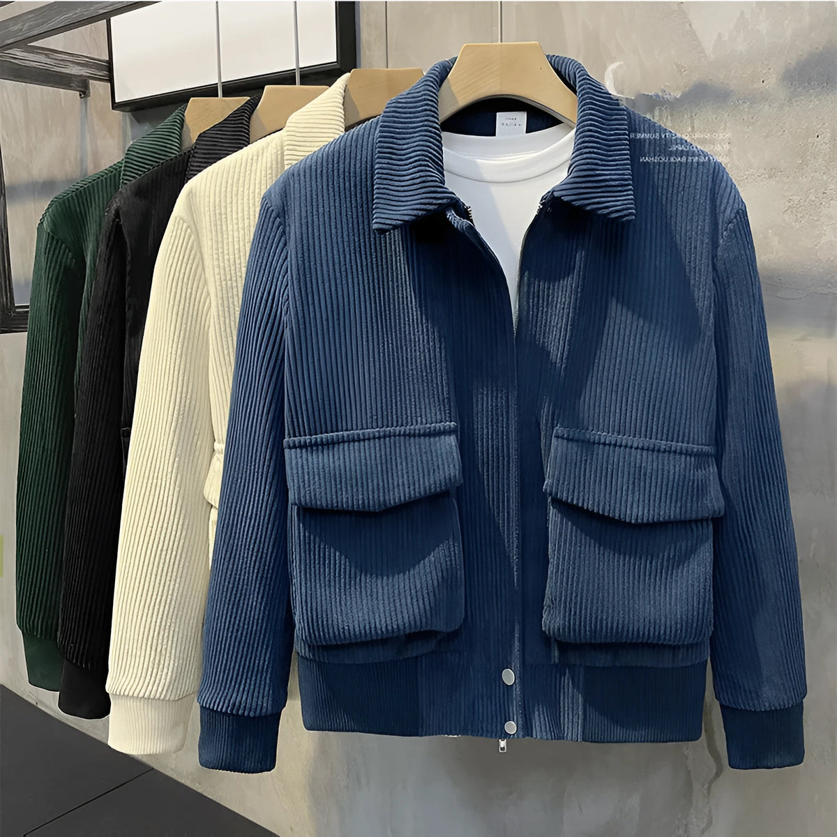 Men's corduroy coat in loose fit with drawstring sleeves, available in green, black, apricot or blue, sizes M to 3XL
