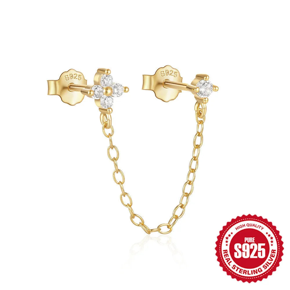 S925 sterling silver ear clip stud earrings with geometric flower design and golden electroplated tassel chain.