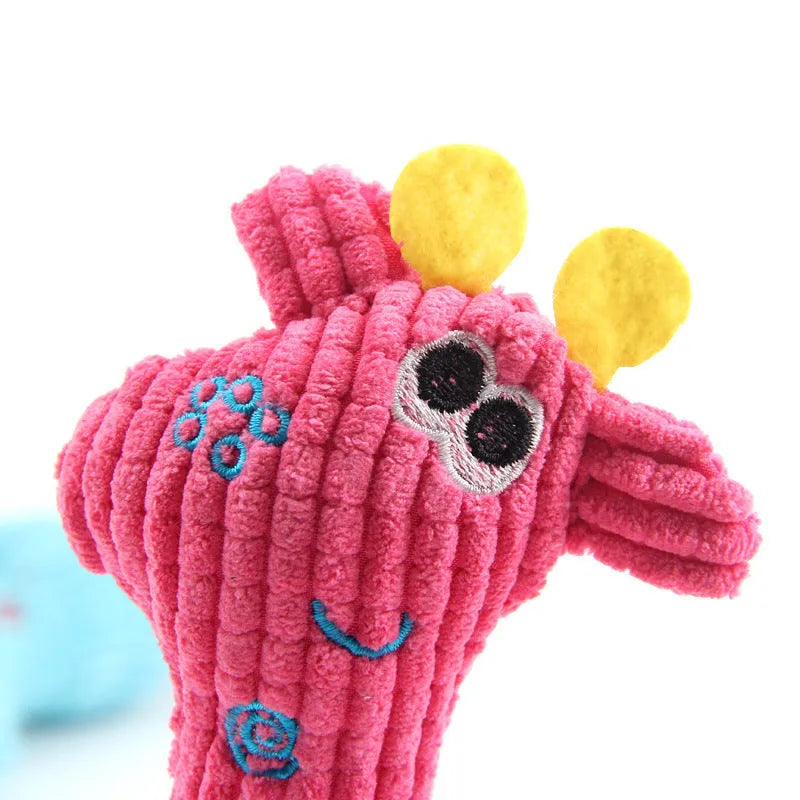 Deer shaped blue plush dog toy with corn grain textured fabric and squeaker sound