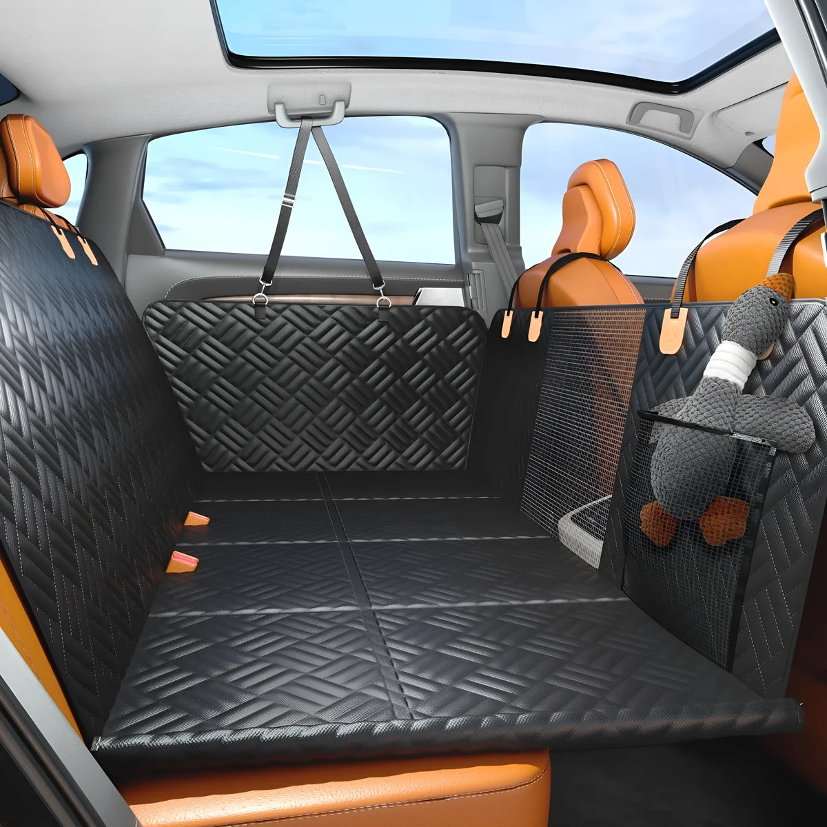Black cloth car pet mat placed on rear seat for dog travel protection