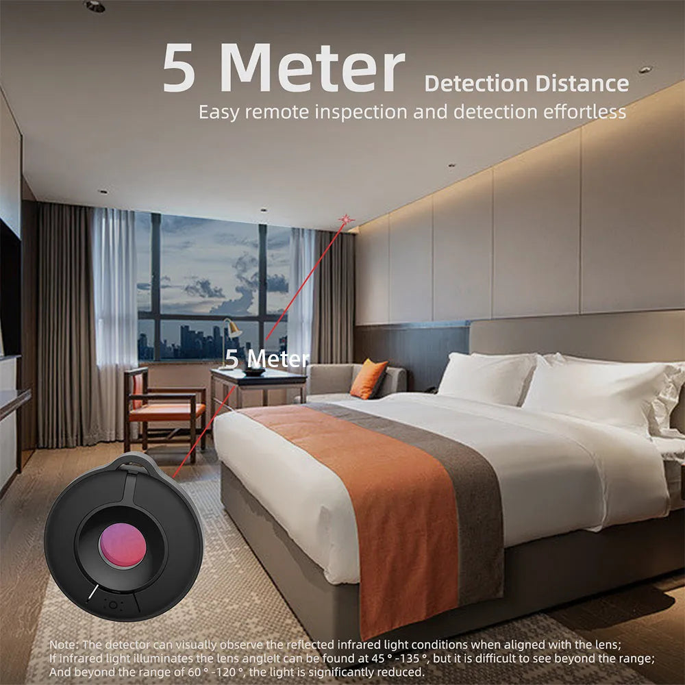 Black S600 infrared camera detector with optical lens for finding hidden spy cameras up to 5 metres away