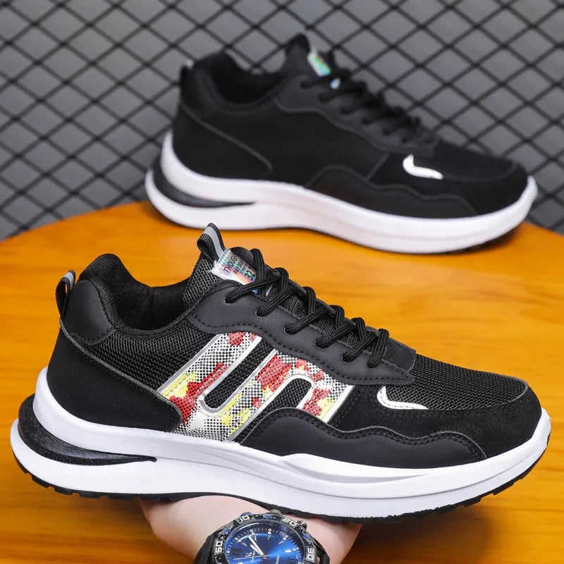 Men's mesh breathable sports casual shoes in white green, black, and gray colours with leather toe holder