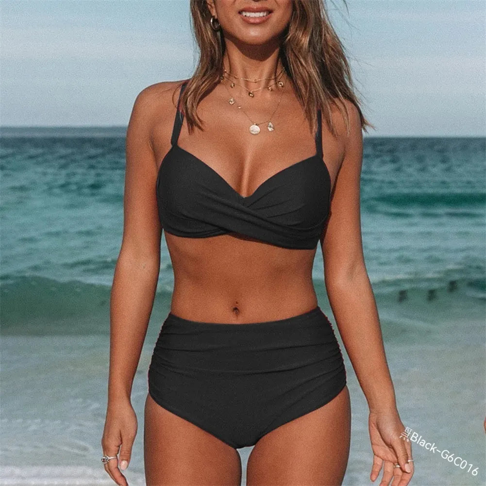 Women's solid colour bikini swimsuit with cross-strap design in black, army green, dark blue and red options