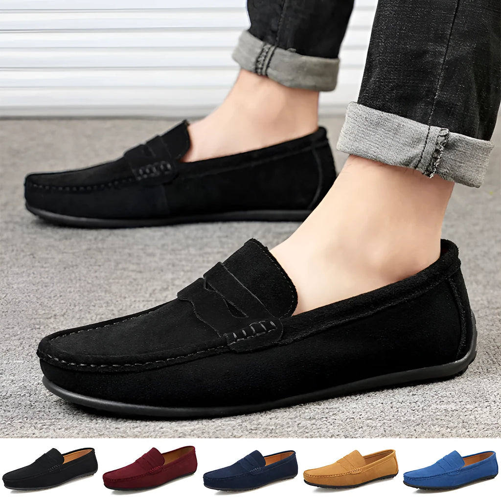 Men's cowhide suede loafers in various colours with round toe and slip-on design