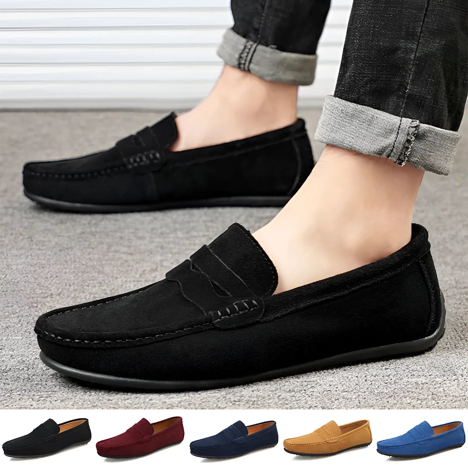 Men's cowhide suede loafers in various colours with round toe and slip-on design