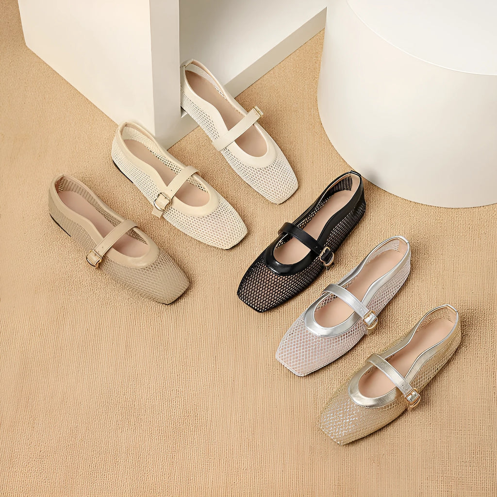Women's beige mesh low-heel pump with square toe and buckle strap