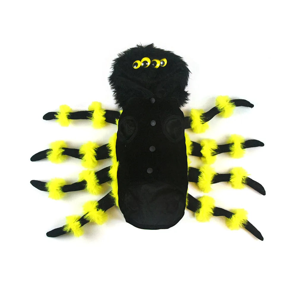Spider-themed polyester pet costume for Halloween in sizes S to XXL on a pet