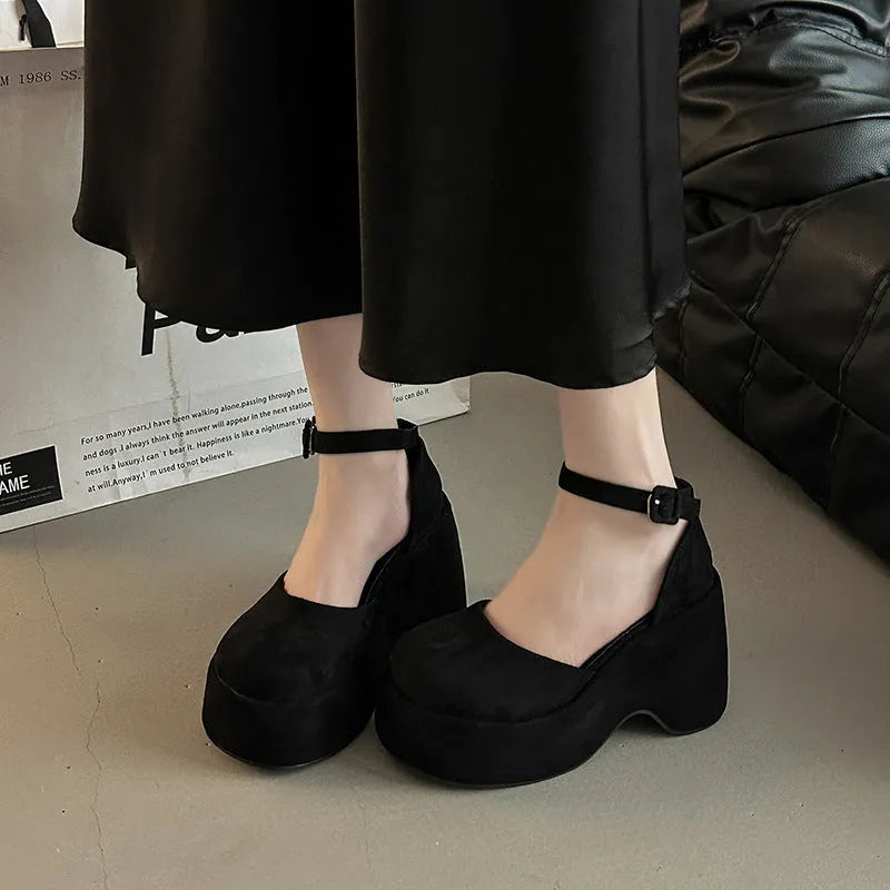 Retro closed toe buckle women's thick heel suede pump in khaki, side view with rubber sole