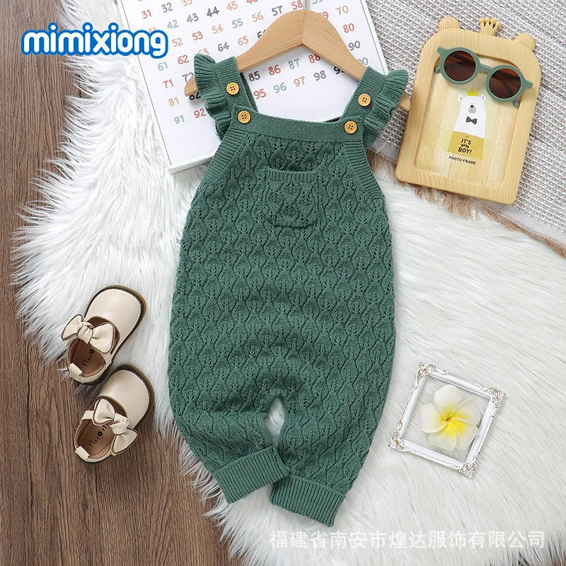 Infant girl solid colour flounced sleeve sling one-piece romper jumpsuit in green knitted polyester fabric
