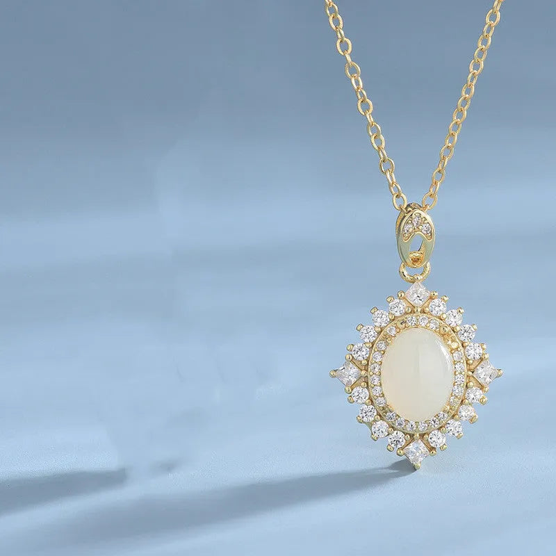 925 silver necklace with single white jade pendant on chain electroplated finish