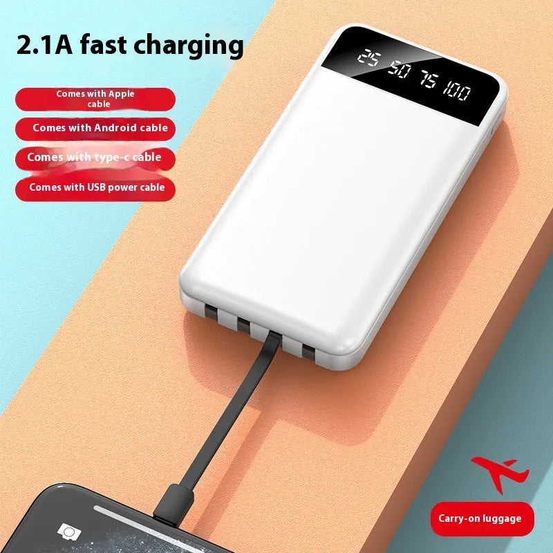 20000 mAh black power bank with charging cable showing compact portable design