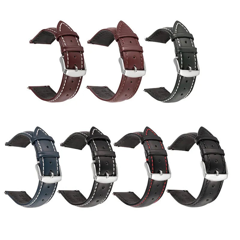 Quick release cowhide leather watch strap showing quick-release spring bar and colour options on a grey background.