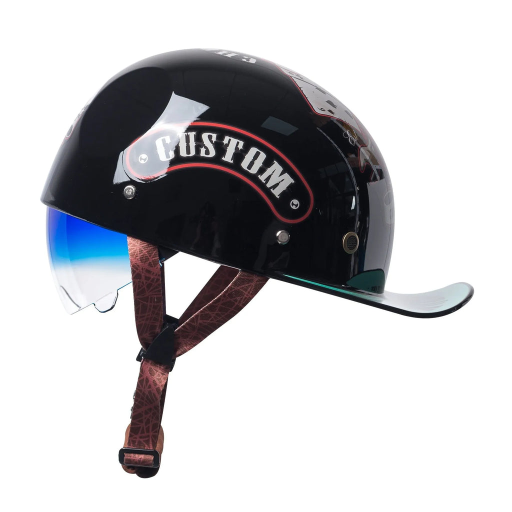 Men's retro half-shell bicycle helmet in black with a gradient blue lens, shown from the side.