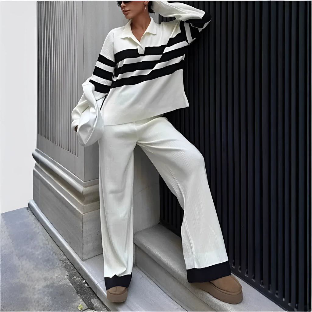 Women's black and white striped knitted two-piece set with polo collar top and trousers