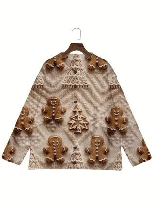 A loose-fit digital printed top with a lapel collar, shown on a hanger.