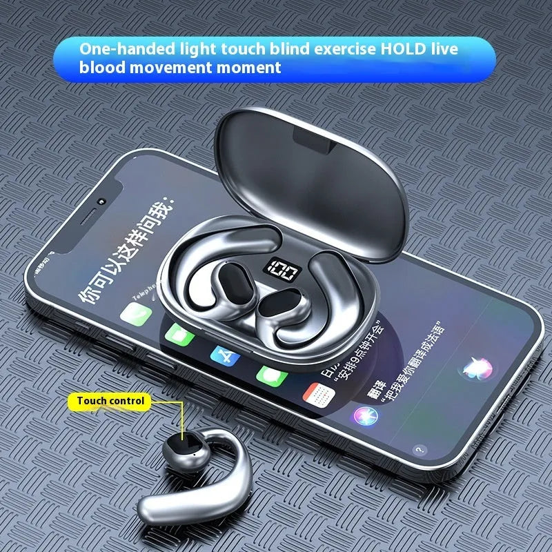 Black and white ear-mounted Bluetooth headset with digital display screen on side