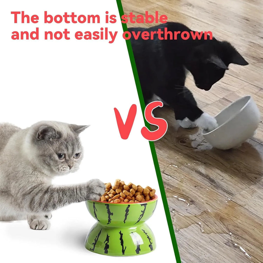Ceramic raised cat bowl with elevated stand and wide tilted dish in fruit pattern.