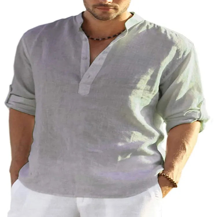 Men's solid colour long sleeve shirt with a stand collar, made from cotton and linen blend fabric