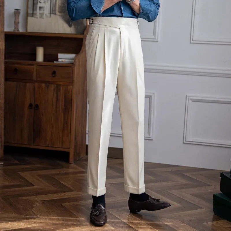 Men's high waist straight leg casual trousers in polyester fabric showing black, brown, khaki and white colour options