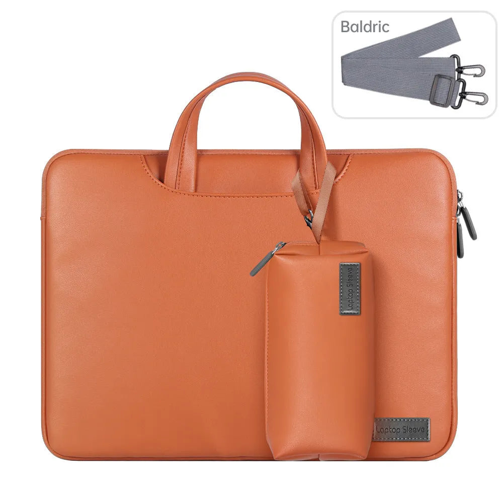 Shockproof large capacity PU leather laptop bag for 15.6 inch laptop in black with shoulder strap and accessory bag