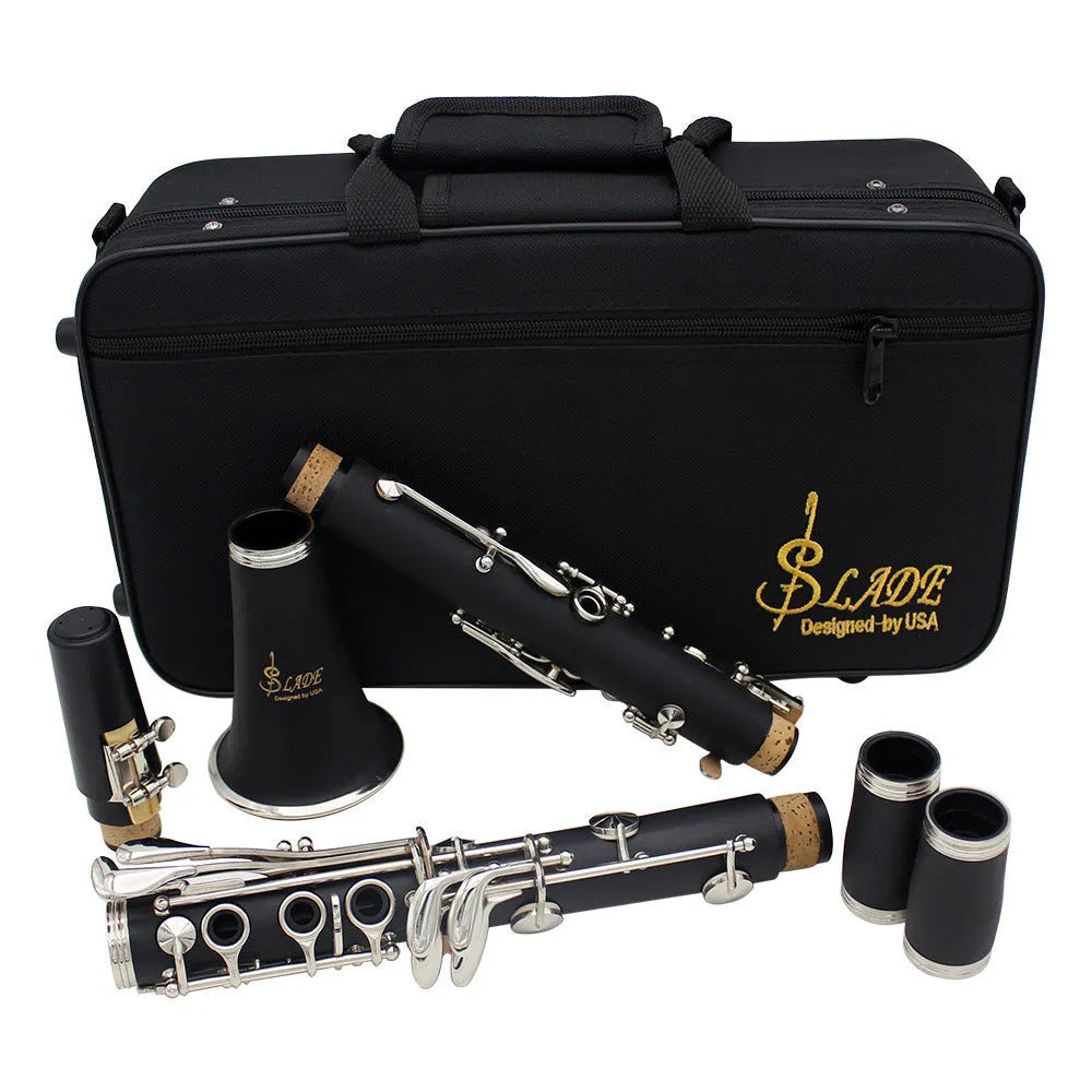 Black clarinet with 17 Bakelite keys and nickel plating alongside protective carrying bag