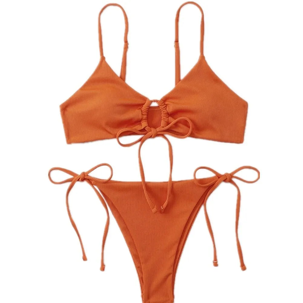 Women's solid colour drawstring bikini in quick-drying nylon fabric
