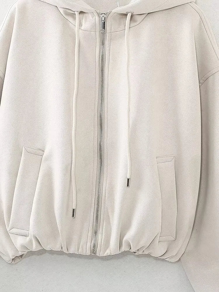 Women's casual hooded jacket in soft suede fabric, shown in black and white colour options.