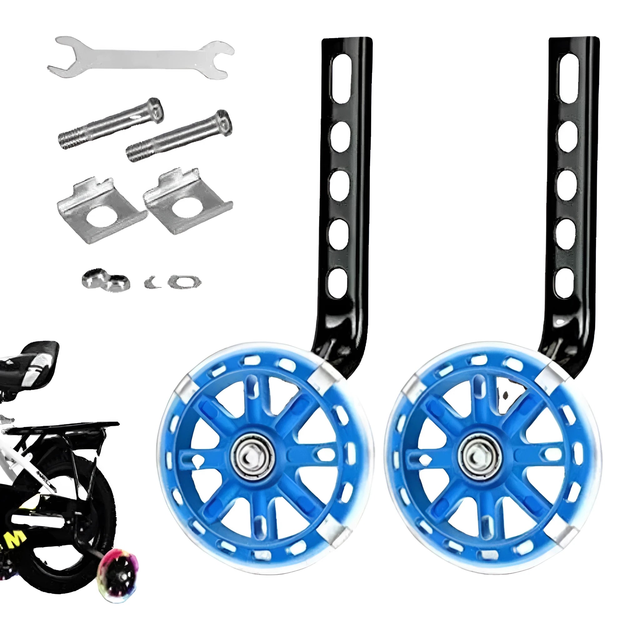 Set of children's bicycle training wheels with vertical brackets, available in multiple colours.