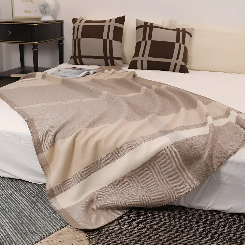 Wool jacquard twill striped blanket in carbon black, green or purple for camping and household use