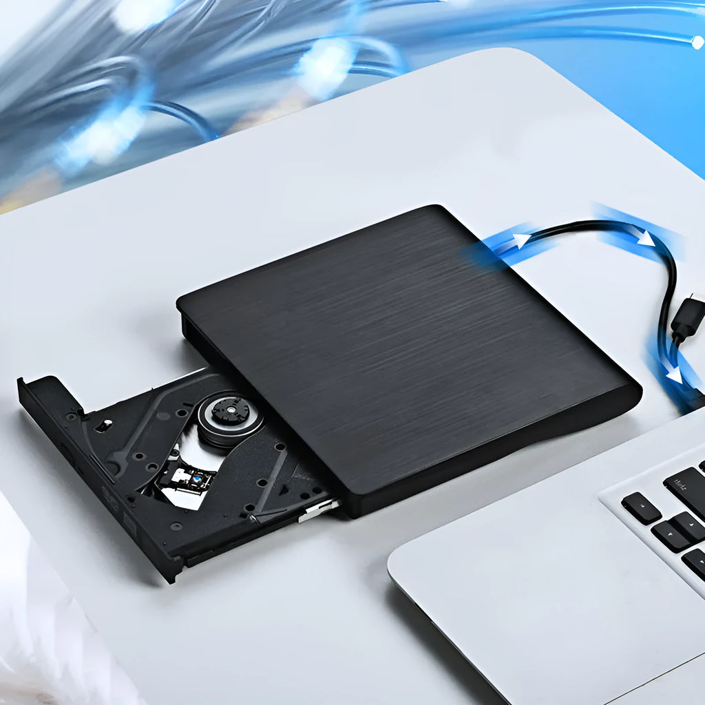 External USB Type-C CD DVD burner drive in black, compact size for laptop use