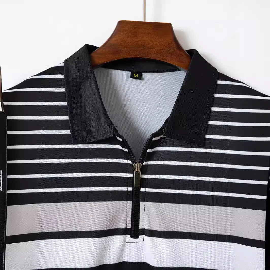 Men's black striped short sleeve t-shirt, loose fit, polyester, business casual top, sizes S-XXXL