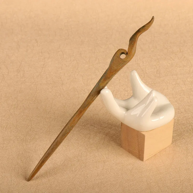 Green sandalwood hairpin antique hair clasp 18cm wooden ethnic style with double pointed toe design