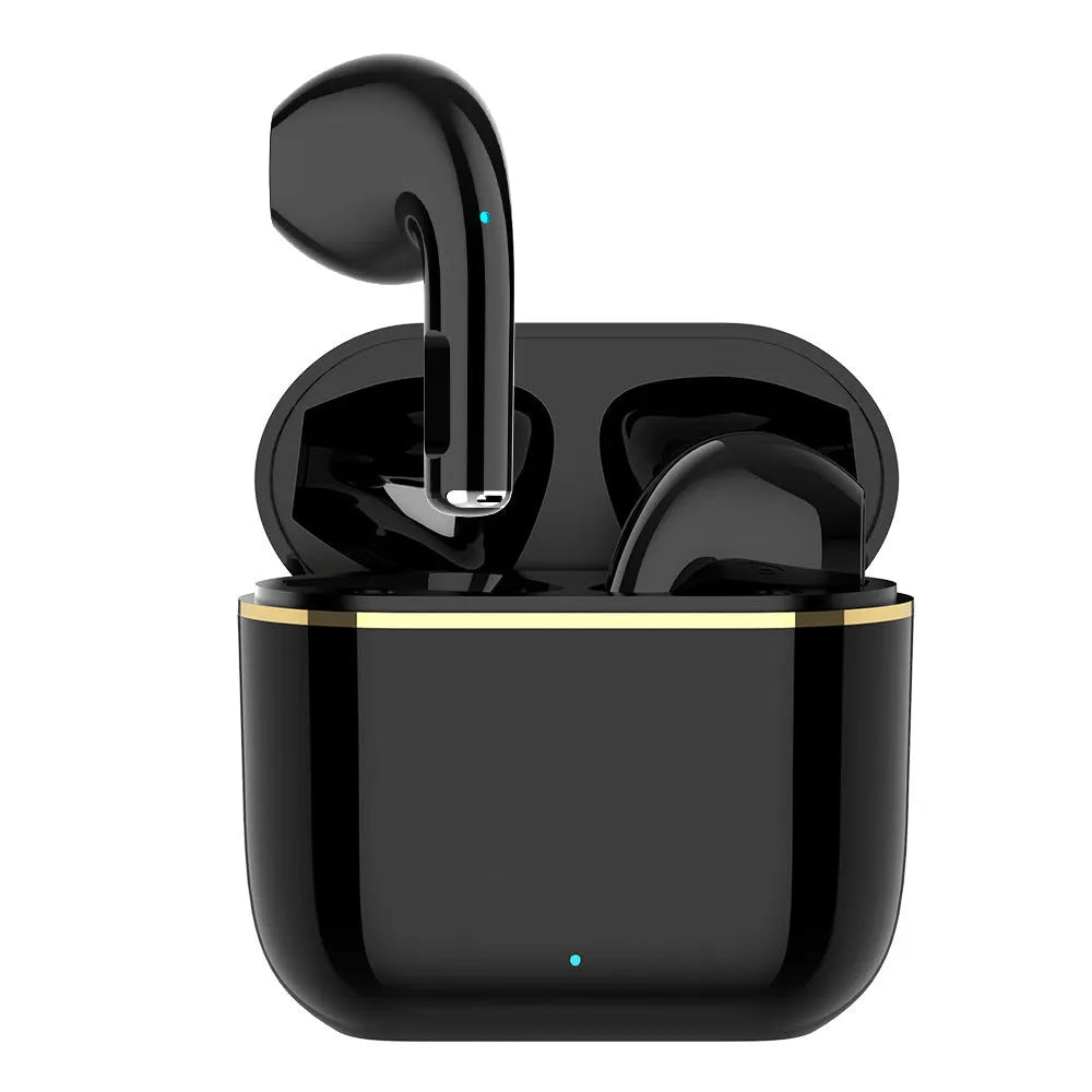 Wireless half in-ear Bluetooth headset in white or black with 30mAh earbuds and 200mA charging case