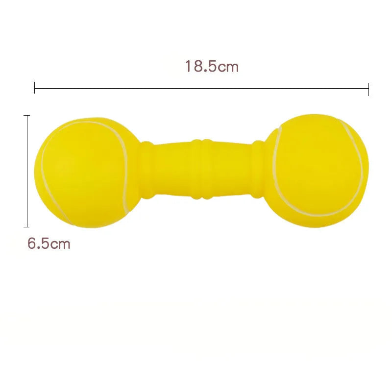 Non-toxic PVC squeaky dog chew toy shaped like a football and dumbbell in assorted colours.
