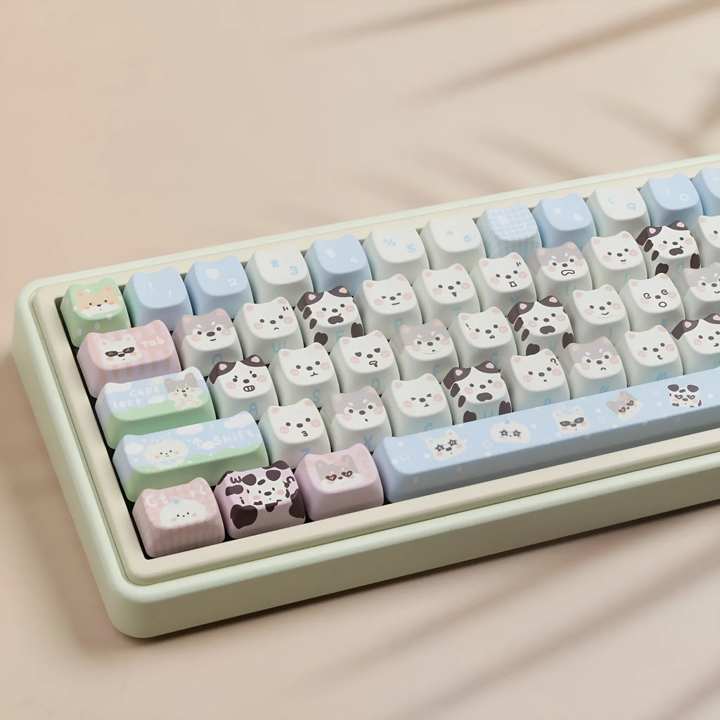 PBT key cap set with cat and puppy sublimation designs for mechanical keyboards